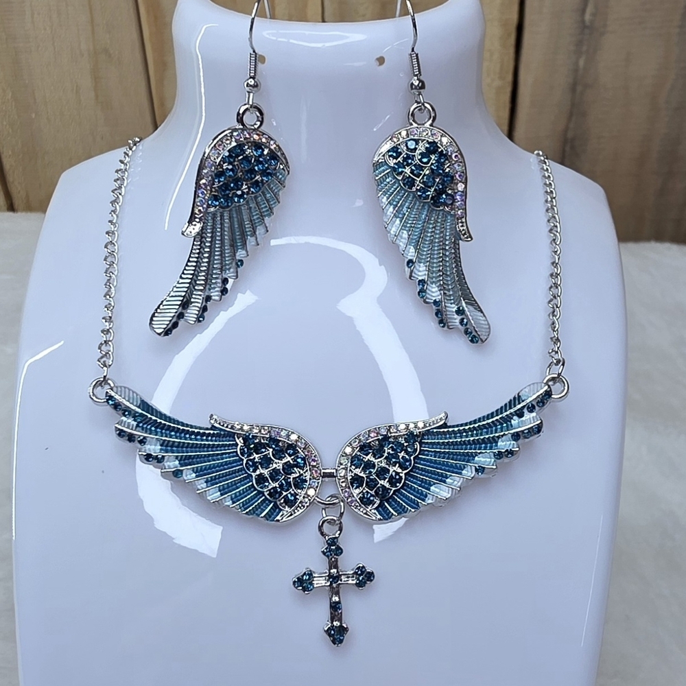 Teal Angel Wing Cross Necklace and Earring Set